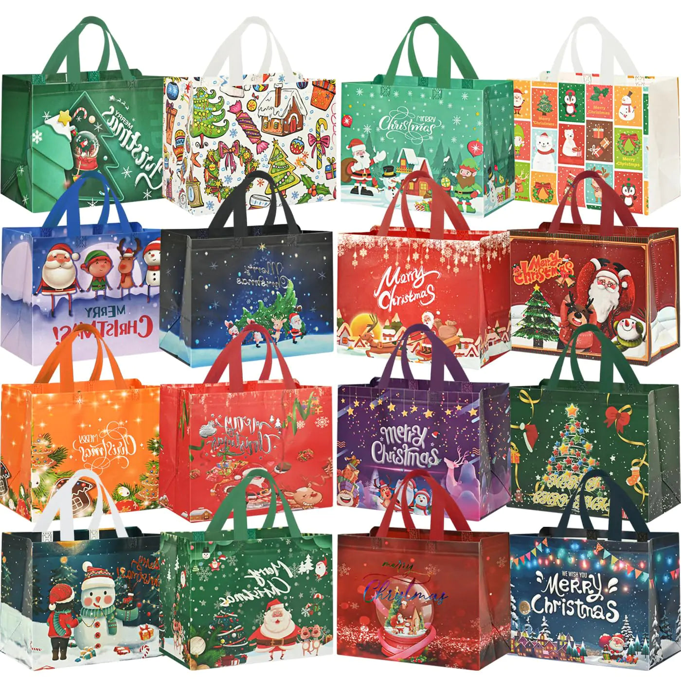 WLUSEAXI 16 Pack Large Christmas Gift BagsReusable Christmas Tote Bags with Handles12.6"x9.8"x6.7" Christmas Bags for Gifts WrappingGrocery Shoppingfor Xmas Holiday Party Favor